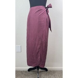 Whitby Women's 100% Washed Silk Wrap Midi Skirt Burgundy Wine Adjustable Tie Y2K
